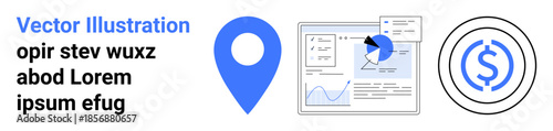 Data visualization, financial tracking, geolocation, business analytics, information dashboard, economy. Blue location pin, dashboard with graph dollar symbol. Data visualization and financial