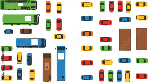 Top view illustration of colorful cars buses and trucks in parking lot and traffic arrangement, transportation elements on white background