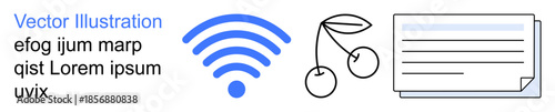 Technology, communication, connectivity, food, documentation, digital services. wireless signal icon, minimal cherries drawing and file outline. Technology and communication theme with digital