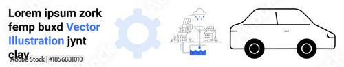 Transportation, engineering, urban planning, water management, automation, technology integration. A car icon, gear symbol and city with water feature. Transportation and engineering concept