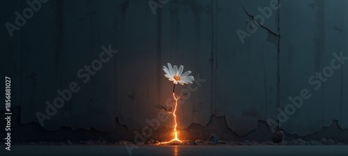 Surreal conceptual art of a white daisy flower with a glowing, lightning-like stem growing resiliently out of a dark cracked surface.