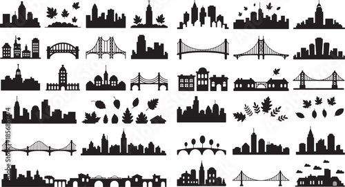 black city skylines and bridges with leaves on white background for design