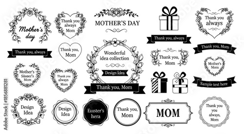 Black and white collection of hand drawn Mother’s Day floral wreaths gift boxes and thank you ribbons for elegant design.