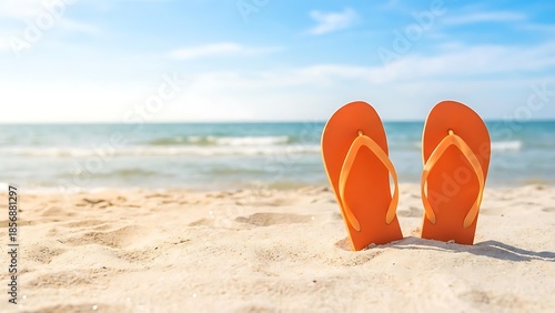 Orange Flip Flops on Sandy Beach Near Ocean Waves