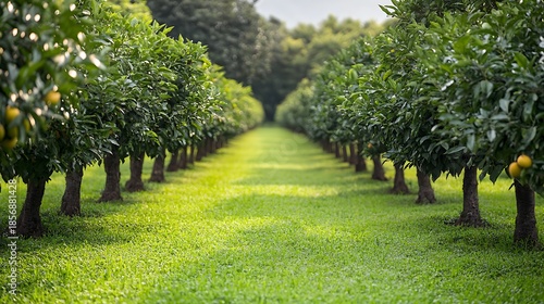 Lush green orchard with fruit trees and grassy path, nature's beauty high resolution image