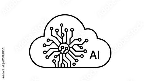 Abstract outline icon depicting cloud computing, showcasing interconnected digital networks and data processing within a virtual storage architecture