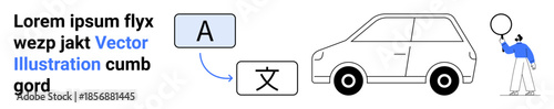 Car with a man holding a balloon, language translation icons, and placeholder text. Ideal for translation, education, mobility, technology, travel, communication simple landing page