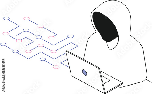 Digital Intruder: An anonymous figure shrouded in a hoodie navigates a laptop, with a circuit board graphic nearby.