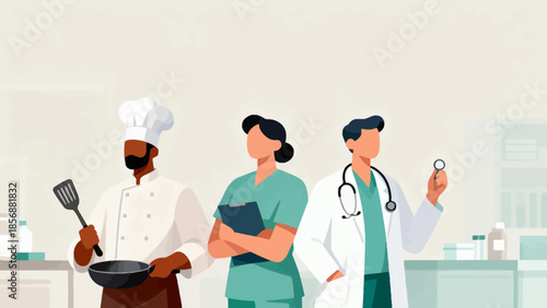 Three professionals in chef nurse and doctor attire