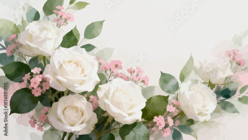 White roses with green leaves and pink flowers