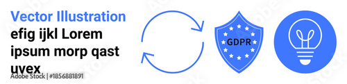 Data security, innovation, process optimization, GDPR compliance, idea generation, workflow. Circular arrows, GDPR shield and lightbulb icons. Data security and innovation concepts