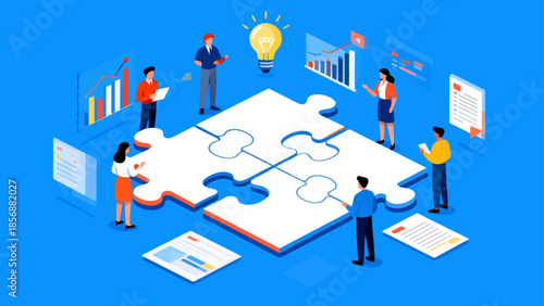 People assembling puzzle with data charts