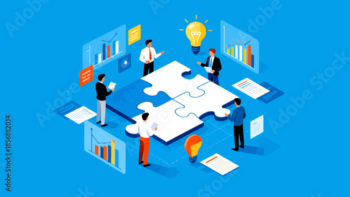 Business team solving puzzle with data