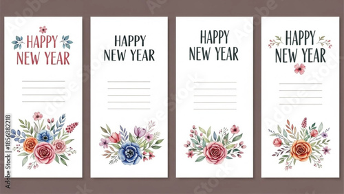 Watercolor Happy New Year Floral Bookmarks Set, Botanical Gift Tags, Vertical Printable Cards Templates