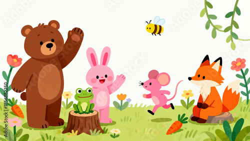 Cute forest animals in a garden