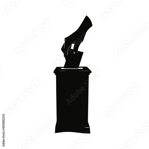 Hand dropping ballot into a ballot box silhouette for election and democratic process