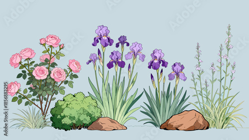 Garden with flowers and rocks