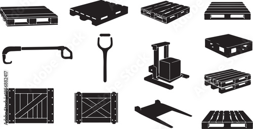 Black silhouettes of various pallets and forklift equipment