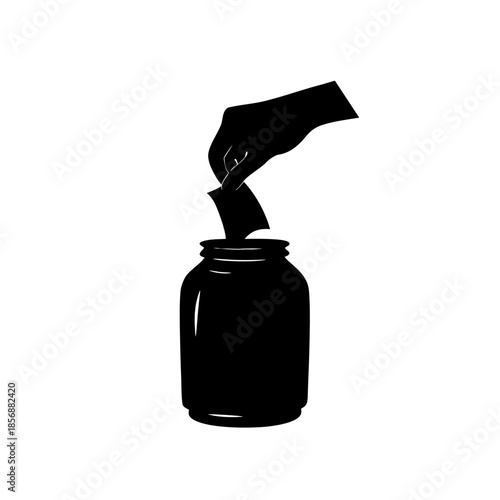 Hand depositing an item into a jar, symbolizing savings, donations, or a ballot collection