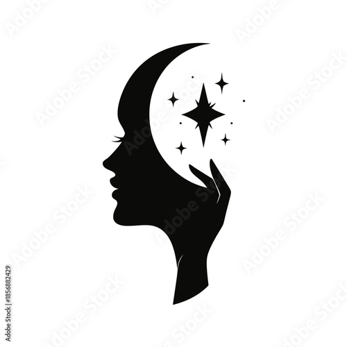 A mystical silhouette of a woman with a crescent moon and sparkling stars for a mind
