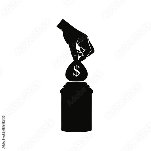 Hand placing a dollar money bag into a jar, symbolizing financial saving and contribution