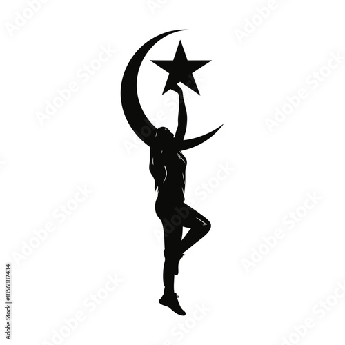 A woman's silhouette reaching for a star and crescent moon, embodying celestial dreams and aspiration