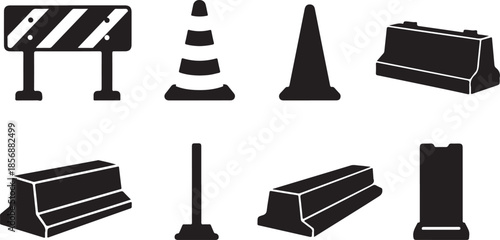 Road construction signs and barriers in black silhouette