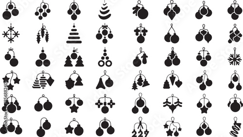 black silhouette christmas tree ornaments icons set on white background