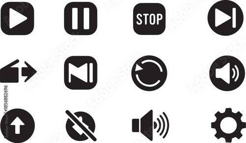 Black media control icons for interface design