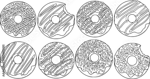candy donuts line art, black outline, vector