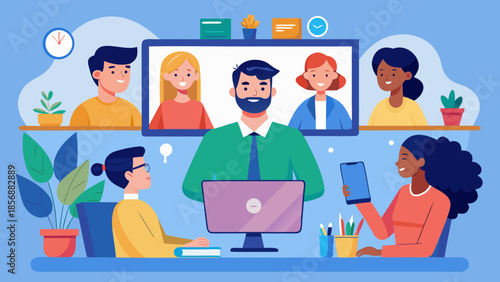 Flat vector illustration of remote team in video conference meeting, modern work culture concept.
