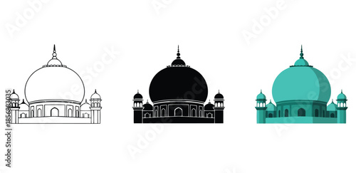 Islamic Mosque Dome in Three styles vector set line art, silhouette and color version For Ramadan, Eid and Islamic design