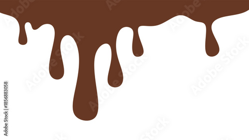 Melted chocolate or syrup drips isolated on a white background. Flowing liquid chocolate border element. A sweet brown syrup or sauce that melts and drips.