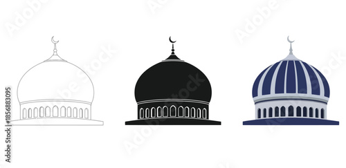 Islamic Mosque Dome in Three styles vector set line art, silhouette and color version For Ramadan, Eid and Islamic design