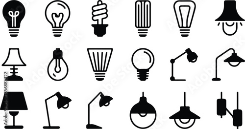 A collection of various light bulbs and lamps in silhouette on a white background
