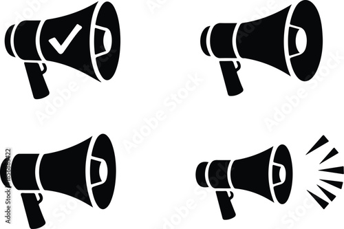A set of four black megaphone icons on a white background silhouette