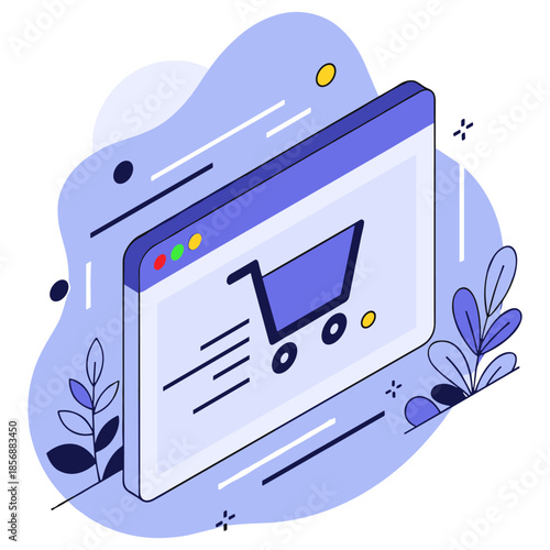 Digital shopping cart icon on abstract background with leaves and shapes