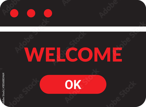 Clean and modern digital welcome pop-up window featuring bold red text and a prominent 'OK' button, symbolizing initial user engagement on an online platform