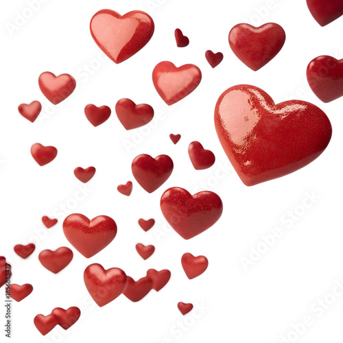 Red shiny hearts floating on isolated on transparent background