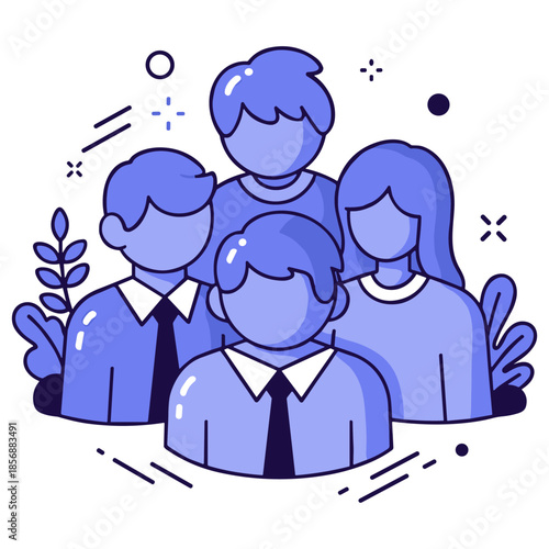 Team of young professionals in blue outfits with abstract background