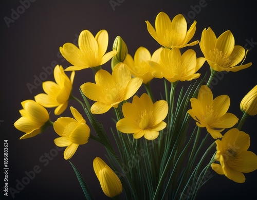 a bunch of yellow flowers with green stems