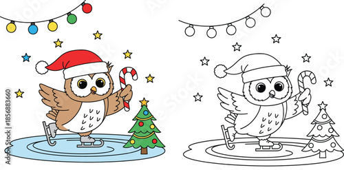 Happy Christmas owl ice skating with candy cane and tree, vector cartoon illustration with black and white coloring book outline.