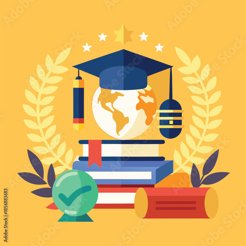 Graduation cap on stack of books with globe and laurel wreath symbolizing education and achievement