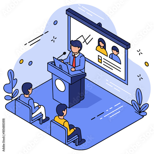 blue presentation scene with speaker and audience clip art preview