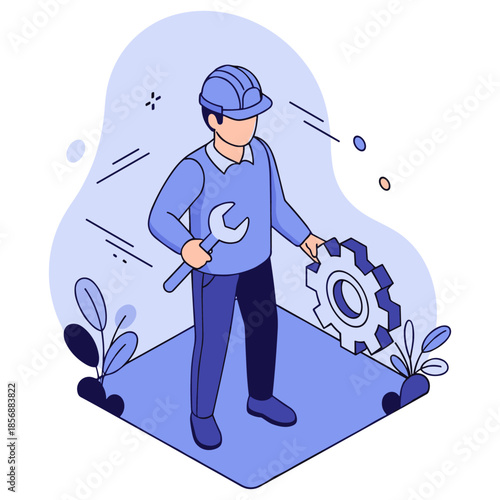 Male engineer holding gear with wrench in hand, blue tone illustration