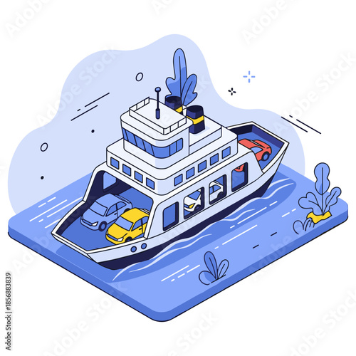 Illustration of passenger and car ferry on water with cars onboard