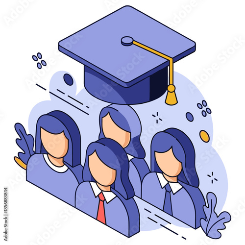 Group of graduates with caps and gowns in isometric design