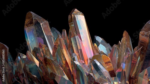 Fotografie Colorful crystal formation with sharp peaks and iridescent sheen on black backgr