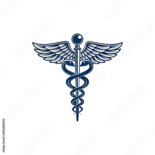 Dark blue caduceus medical symbol silhouette isolated on white background