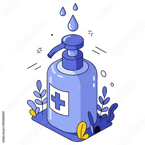 Blue hand sanitizer bottle with cross symbol and decorative elements